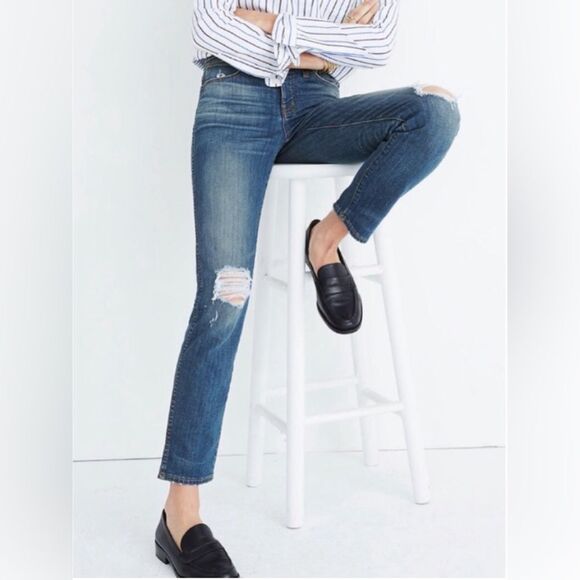 Madewell Slim Straight Jeans: Knee-Rip Edition in Forster Wash Size 27 Tall | 4T - Picture 8 of 14